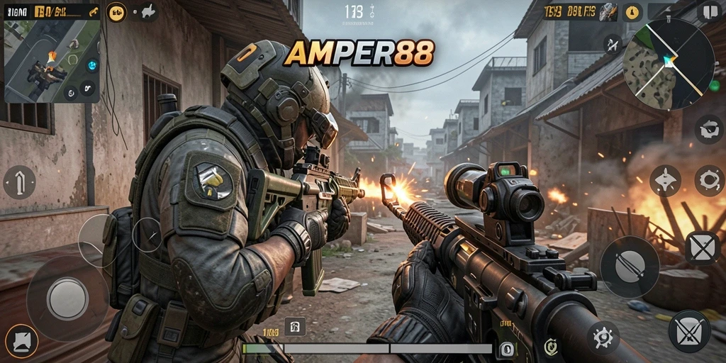 Screenshot AMPER88 menampilkan aksi menembak intens dalam gameplay FPS.