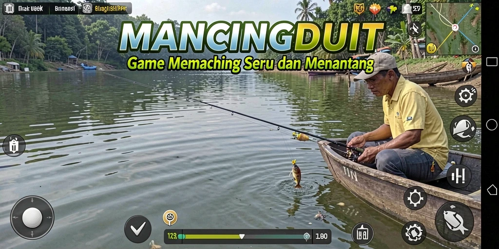 Screenshot gameplay MANCINGDUIT menunjukkan serunya menangkap ikan di alam bebas.