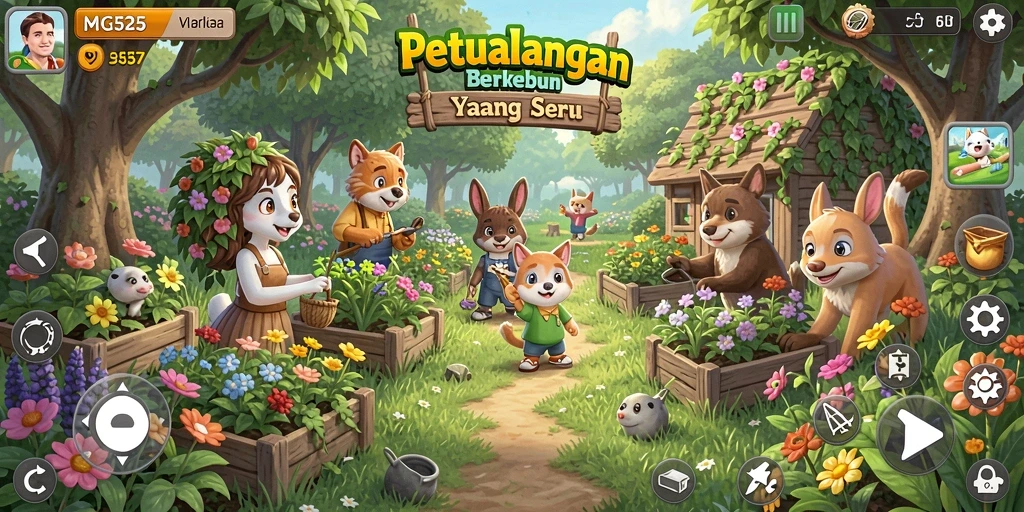 Tampilan gameplay MG525 yang menunjukkan kebun yang subur dan penuh warna.