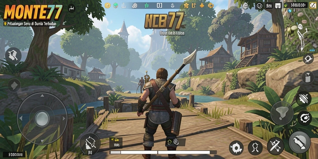 Tangkapan layar utama dari MONTE77 menampilkan gameplay Open World yang memukau.