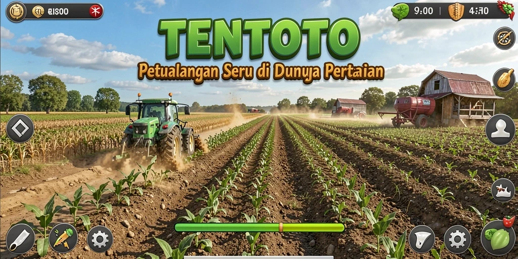Screenshot gameplay TENTOTO menunjukkan kebun yang subur dan hewan yang ceria.
