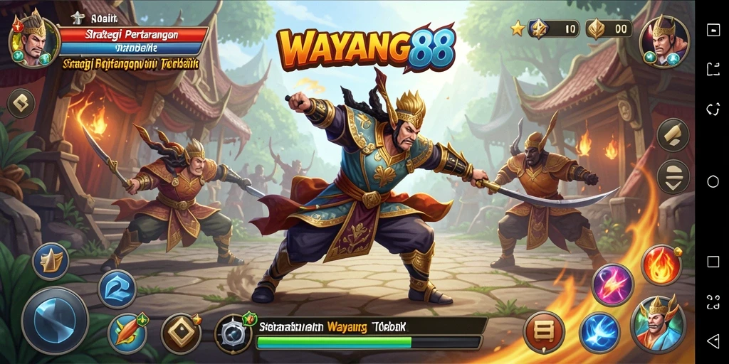 Tangkapan layar gameplay WAYANG88 menampilkan pertempuran epik antara karakter wayang.